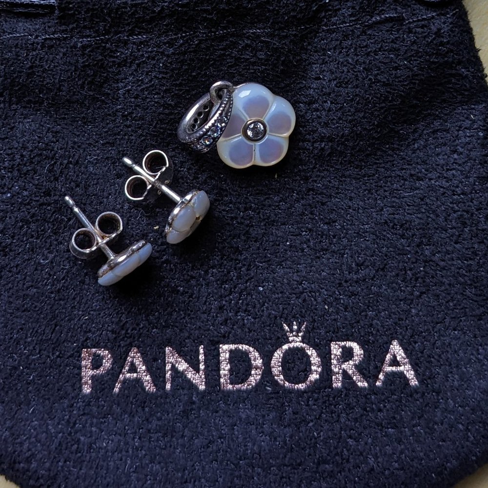 Pandora Stud Earrings and Charm Set: Silver, Cubic Zirconia, Mother Of Pearl